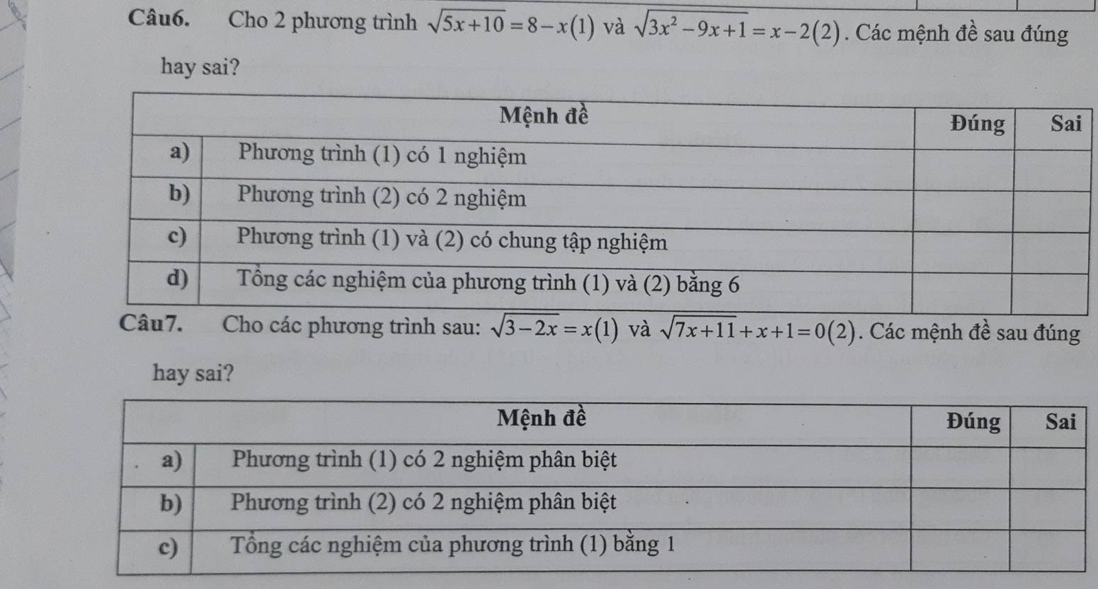 Cho 2 phương trình sqrt(5x+10)=8-x(1) và sqrt(3x^2-9x+1)=x-2(2). Các mệnh đề sau đúng 
hay sai? 
o các phương trình sau: sqrt(3-2x)=x(1) và sqrt(7x+11)+x+1=0(2). Các mệnh đề sau đúng 
hay sai?