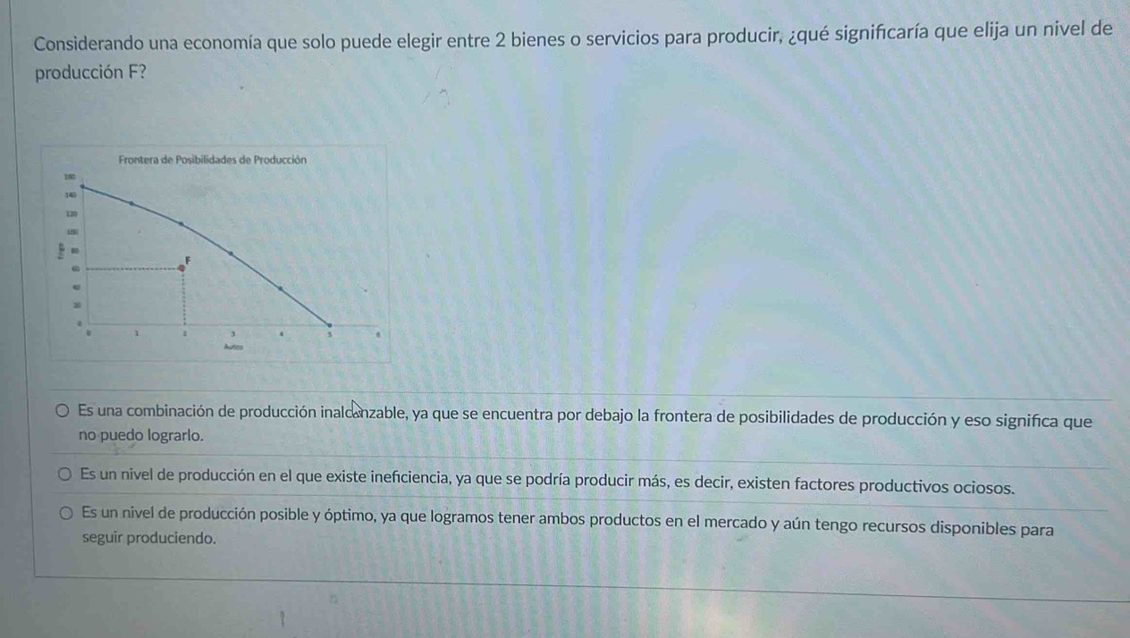 Considerando una economía que solo puede elegir entre 2 bienes o servicios para producir, ¿qué signifcaría que elija un nivel de
producción F?
Es una combinación de producción inalcanzable, ya que se encuentra por debajo la frontera de posibilidades de producción y eso significa que
no puedo lograrlo.
Es un nivel de producción en el que existe inefciencia, ya que se podría producir más, es decir, existen factores productivos ociosos.
Es un nivel de producción posible y óptimo, ya que logramos tener ambos productos en el mercado y aún tengo recursos disponibles para
seguir produciendo.