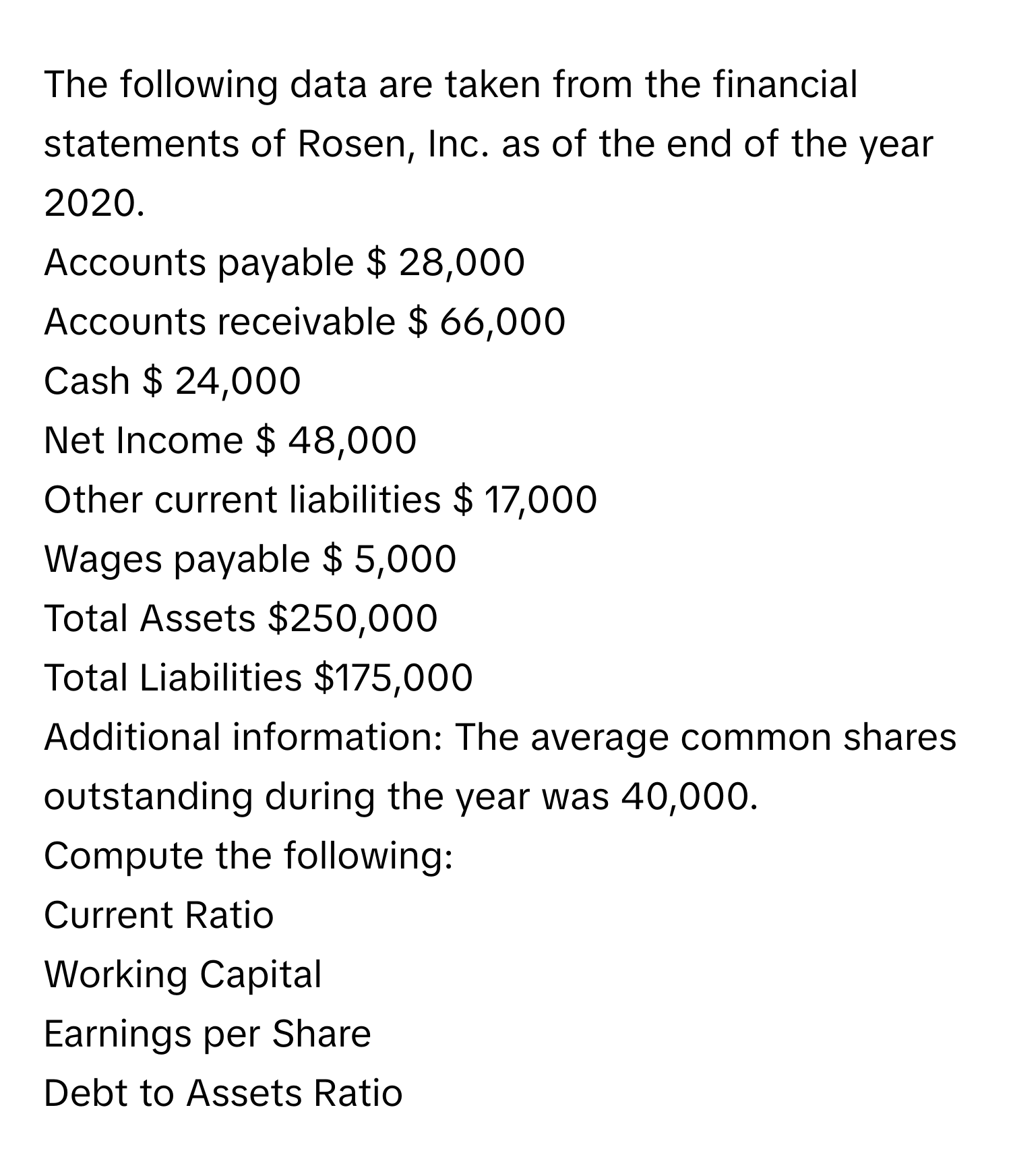 The following data are taken from the financial statements of Rosen, Inc. as of the end of the year 2020.

Accounts payable $ 28,000
Accounts receivable $ 66,000
Cash $ 24,000
Net Income $ 48,000
Other current liabilities $ 17,000
Wages payable $ 5,000
Total Assets $250,000
Total Liabilities $175,000
Additional information: The average common shares outstanding during the year was 40,000. 
Compute the following:
Current Ratio
Working Capital
Earnings per Share
Debt to Assets Ratio