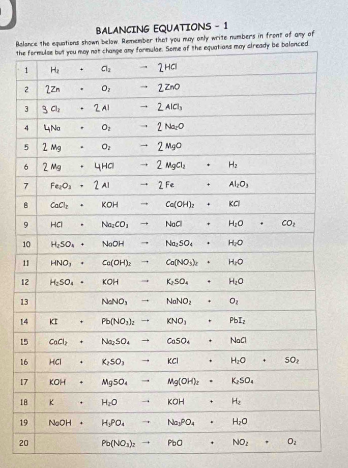 BALANCING EQUATIONS - 1
Baber that you may only write numbers in front of any of
th
1
1
1
1
1
1
1
1
2