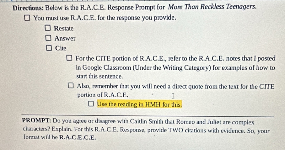 Solved: Directions: Below is the R.A.C.E. Response Prompt for More Than ...