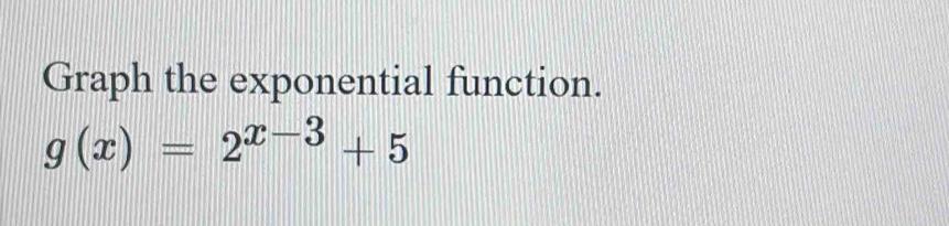 Graph the exponential function.
g(x)=2^(x-3)+5