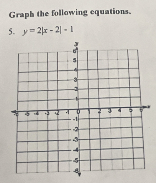 Graph the following equations. 
5. y=2|x-2|-1
X