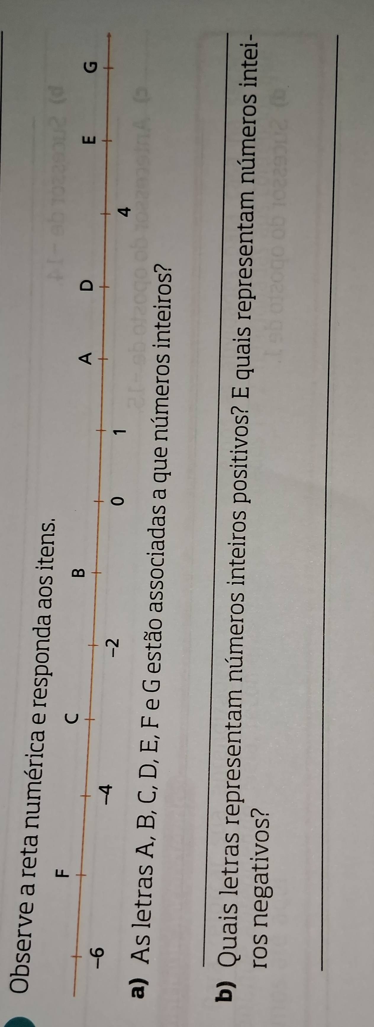 Observe a reta numérica e responda aos itens. 
etras A, B, C, D, E, F e G estão associadas a que números inteiros? 
_ 
b) Quais letras representam números inteiros positivos? E quais representam números intei- 
ros negativos? 
_