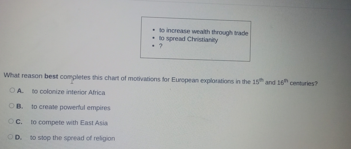 to increase wealth through trade
to spread Christianity
?
What reason best completes this chart of motivations for European explorations in the 15^(th) and 16^(th) centuries?
A. to colonize interior Africa
B. to create powerful empires
C. to compete with East Asia
D. to stop the spread of religion