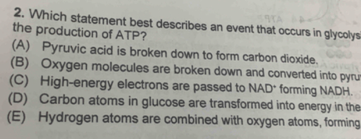 Which statement best describes an event that occurs in glycolys
the production of ATP?
(A) Pyruvic acid is broken down to form carbon dioxide.
(B) Oxygen molecules are broken down and converted into pyru
(C) High-energy electrons are passed to NAD* forming NADH.
(D) Carbon atoms in glucose are transformed into energy in the
(E) Hydrogen atoms are combined with oxygen atoms, forming