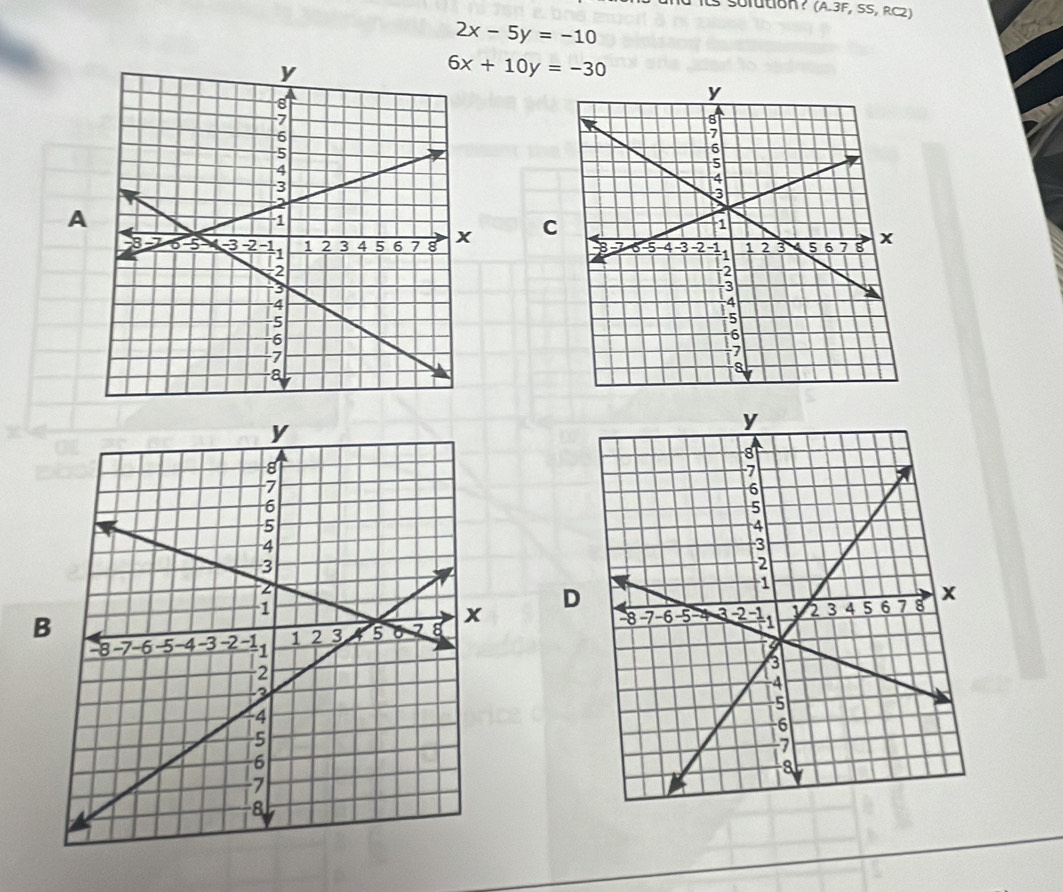 its solution ? (A. 3F,SS,RC2)
2x-5y=-10
6x+10y=-30
A
C
B
D