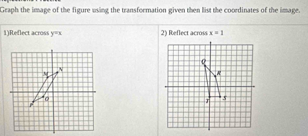 Graph the image of the figure using the transformation given then list the coordinates of the image. 
1)Reflect across y=x 2) Reflect across x=1