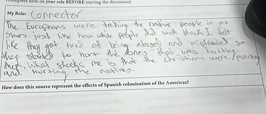 omplete note on your role BEFORE starting the discussion) 
My Role: 
How does this source represent the effects of Spanish colonization of the Americas?