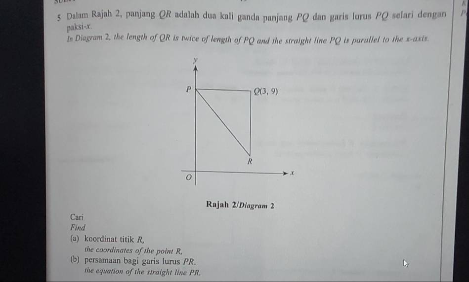 Dalam Rajah 2, panjang QR adalah dua kali ganda panjang PQ dan garis lurus PQ selari dengan P
paksi-x.
In Diagram 2, the length of QR is twice of length of PQ and the straight line PQ is parallel to the x-axis.
Rajah 2/Diagram 2
Cari
Find
(a) koordinat titik R,
the coordinates of the point R.
(b) persamaan bagi garis lurus PR.
the equation of the straight line PR.