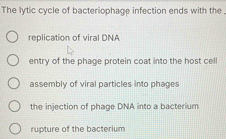 Solved: The lytic cycle of bacteriophage infection ends with the ...