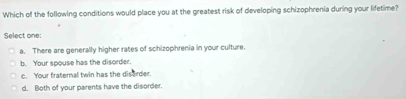 Which of the following conditions would place you at the greatest risk of developing schizophrenia during your lifetime?
Select one:
a. There are generally higher rates of schizophrenia in your culture.
b. Your spouse has the disorder.
c. Your fraternal twin has the diserder.
d. Both of your parents have the disorder.