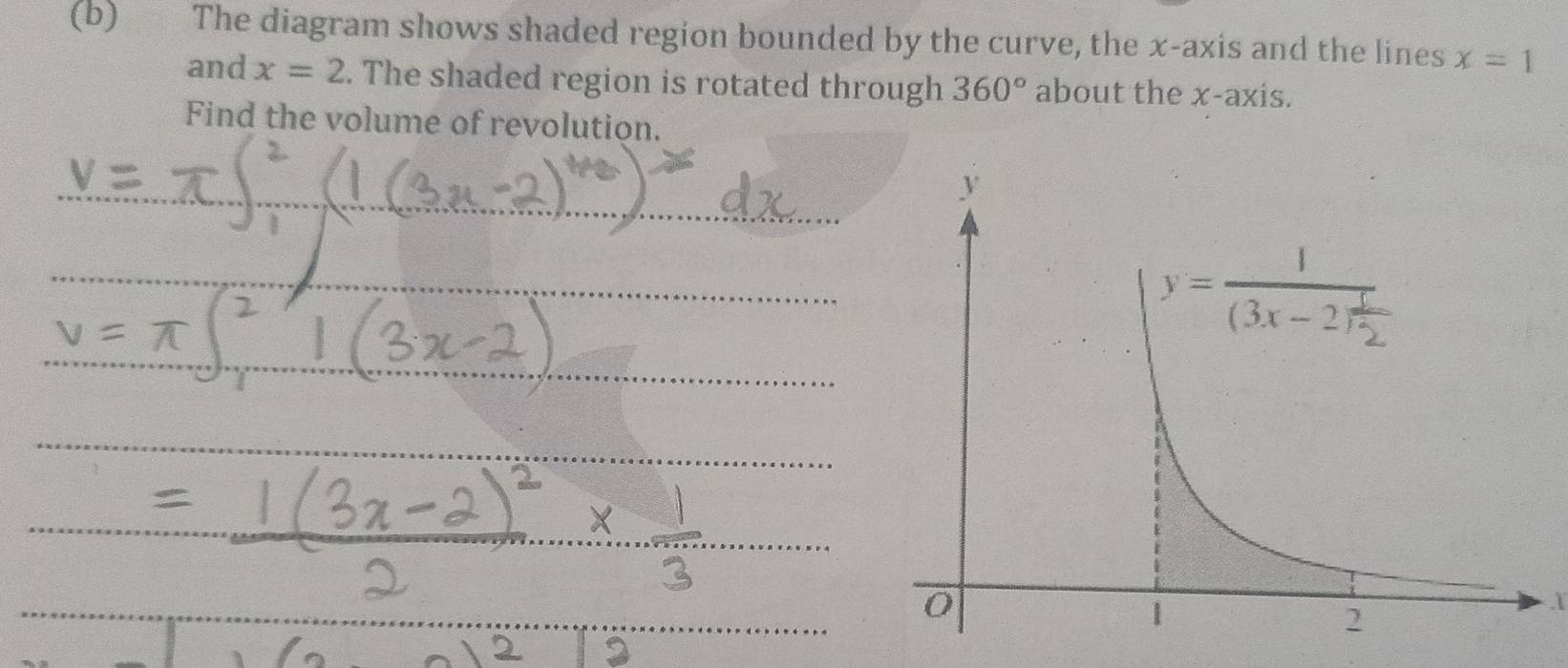 The diagram shows shaded region bounded by the curve, the x-axis and the lines x=1
and x=2. The shaded region is rotated through 360° about the x-axis. 
Find the volume of revolution.