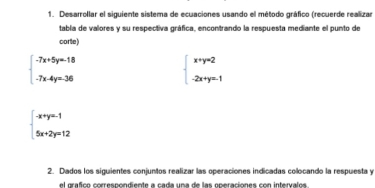 Desarrollar el siguiente sistema de ecuaciones usando el método gráfico (recuerde realizar
tabla de valores y su respectiva gráfica, encontrando la respuesta mediante el punto de
corte)
beginarrayl -7x+5y=-18 -7x-4y=36endarray.
beginarrayl x+y=2 -2x+y=-1endarray.
beginarrayl -x+y=-1 5x+2y=12endarray.
2. Dados los siguientes conjuntos realizar las operaciones indicadas colocando la respuesta y
el gráfico correspondiente a cada una de las operaciones con intervalos.