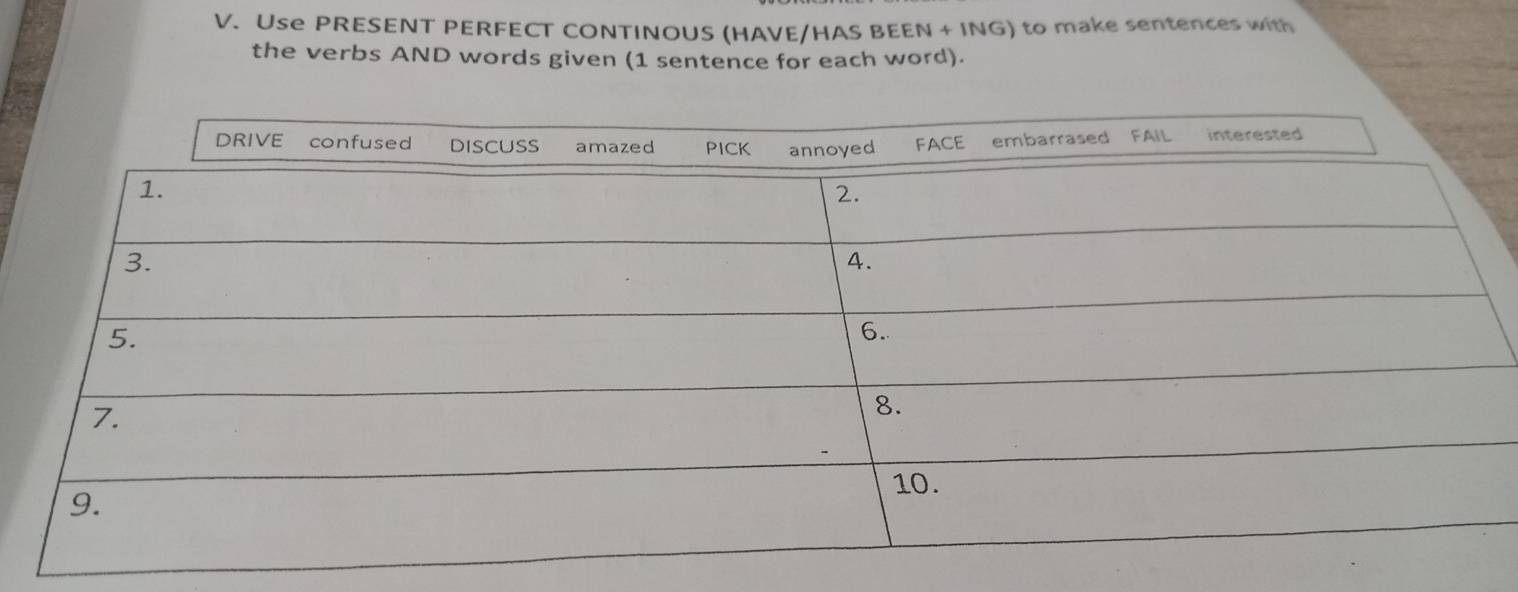 Use PRESENT PERFECT CONTINOUS (HAVE/HAS BEEN + ING) to make sentences with 
the verbs AND words given (1 sentence for each word).