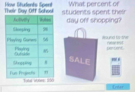 How Students Spent What percent of 
Their Day Off School students spent their 
day off shopping? 
Round to the 
rearest 
percent. 
SALE 9% E A 
Enter