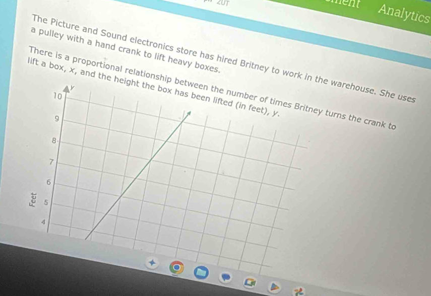 ment Analytics 
a pulley with a hand crank to lift heavy boxes. 
The Picture and Sound electronics store has hired Britney to work ine warehouse. She uses 
lift a box, x, and theThere is a proportional relationsh turns the crank to