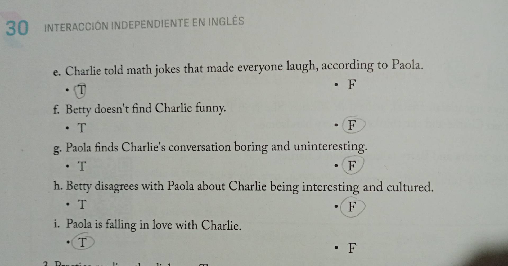 interacción independiente en inglés
e. Charlie told math jokes that made everyone laugh, according to Paola.
F
f. Betty doesn't find Charlie funny.
T
F
g. Paola finds Charlie's conversation boring and uninteresting.
T
F
h. Betty disagrees with Paola about Charlie being interesting and cultured.
T
F
i. Paola is falling in love with Charlie.
T
F