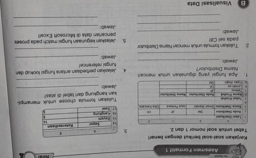 Ayo Berlath Nial 
Asesmen Formatif 1 
Kerjakan soal-soal berikut dengan benar! 
Tabel untuk soal nomor 1 dan 2. 
3 
Tuliskan formula choose untuk menampil- 
_ 
kan kangkung dari tabel di atas! 
Jawab: 
1. Apa fungsi yang digunakan untuk mencari 
_ 
Nama Distributor? 4. Jelaskan perbedaan antara fungsi lookup dan 
Jawab: _fungsi reference! 
_ 
Jawab:_ 
2. Tuliskan formula untuk mencari Nama Distributor 
_ 
pada sel C8! 5. Jelaskan kegunaan fungsi match pada proses 
Jawab: _pencarian data di Microsoft Excel! 
_ 
Jawab:_ 
_ 
_ 
B Visualisasi Data