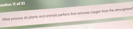 estion 11 of 31 
What process do plants and animals perform that removes oxygen from the atmosphere'