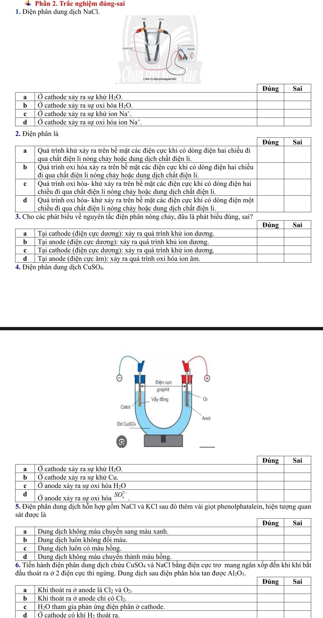 + Phần 2. Trắc nghiệm đúng-sai
1. Điện phân dung dịch NaCl.
Đúng Sai
a Ở cathode xảy ra sự khử H₂O.
b Ở cathode xảy ra sự oxi hóa H₂O.
c Ở cathode xảy ra sự khử ion Na*.
d Ở cathode xảy ra sự oxi hóa ion Na⁺.
2. Điện phân là
Đúng Sai
a Quá trình khử xảy ra trên bề mặt các điện cực khi có dòng điện hai chiều đi
qua chất điện li nóng chảy hoặc dung dịch chất điện li.
b Quá trình oxi hóa xảy ra trên bề mặt các điện cực khi có dòng điện hai chiều
đi qua chất điện li nóng chảy hoặc dung dịch chất điện li.
c Quá trình oxi hóa- khử xảy ra trên bề mặt các điện cực khi có dòng điện hai
chiều đi qua chất điện li nóng chảy hoặc dung dịch chất điện li.
d Quá trình oxi hóa- khử xảy ra trên bề mặt các điện cực khi có dòng điện một
chiều đi qua chất điện li nóng chảy hoặc dung dịch chất điện li.
3. Cho các phát biểu về nguyên tắc điện phân nóng chảy, đâu là phát biểu đúng, sai?
Đúng Sai
a  Tại cathode (điện cực dương): xảy ra quá trình khử ion dương.
b  Tại anode (điện cực dương): xảy ra quá trình khủ ion dương.
c  Tại cathode (điện cực dương): xảy ra quá trình khử ion dương.
d  Tại anode (điện cực âm): xảy ra quá trình oxi hóa ion âm.
4. Điện phân dung dịch CuSO₄.
Đúng Sai
a Ở cathode xảy ra sự khử H₂O.
b Ở cathode xảy ra sự khử Cu.
c Ở anode xảy ra sự oxi hóa H₂O
d Ở anode xảy ra sự oxi hóa SO_4^((2-)
5. Điện phân dung dịch hỗn hợp gồm NaCl và KCl sau đó thêm vài giọt phenolphatalein, hiện tượng quan
sát được là
Đúng Sai
a Dung dịch không màu chuyền sang màu xanh.
b Dung dịch luôn không đồi màu.
c Dung dịch luôn có màu hồng.
d Dung dịch không màu chuyễn thành màu hồng.
6. Tiến hành điện phân dung dịch chứa CuSO4 và NaCl bằng điện cực trơ mang ngăn xốp đến khi khí bắt
đầu thoát ra ở 2 điện cực thì ngừng. Dung dịch sau điện phân hòa tan được Al_2)O_3