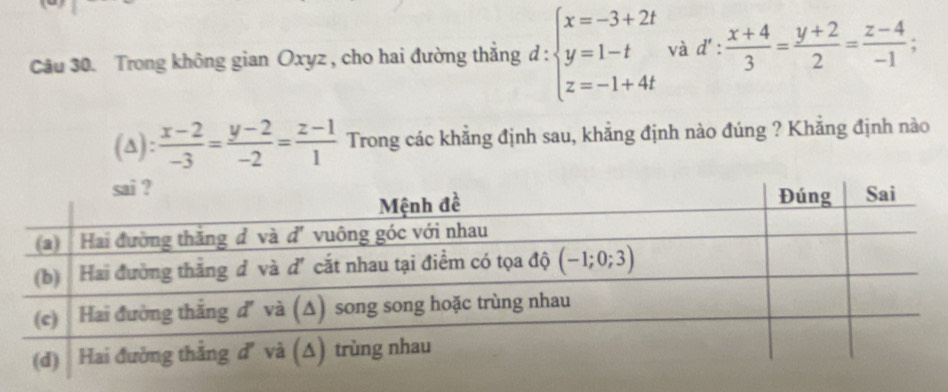 Trong không gian Oxyz , cho hai đường thắng d : beginarrayl x=-3+2t y=1-t z=-1+4tendarray. và d': (x+4)/3 = (y+2)/2 = (z-4)/-1 ;
(a):  (x-2)/-3 = (y-2)/-2 = (z-1)/1  Trong các khẳng định sau, khẳng định nào đúng ? Khẳng định nào