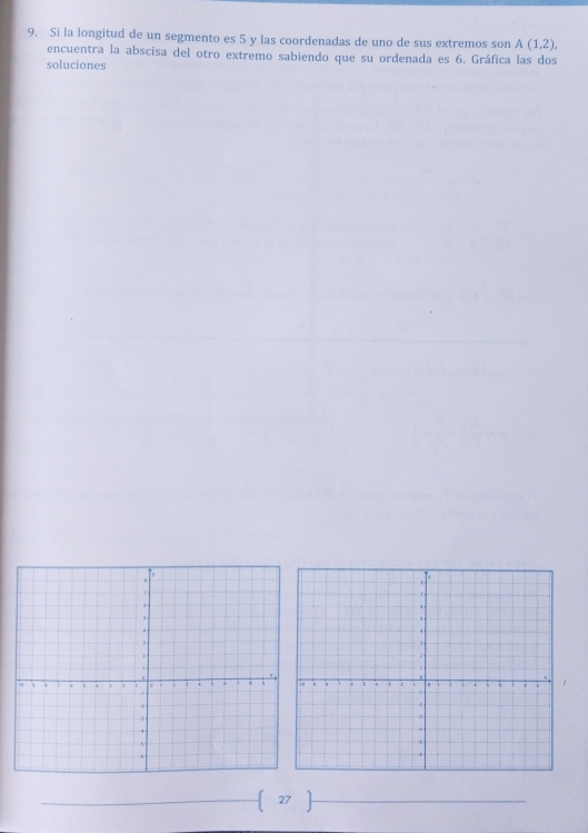 Si la longitud de un segmento es 5 y las coordenadas de uno de sus extremos son A(1,2), 
soluciones encuentra la abscisa del otro extremo sabiendo que su ordenada es 6. Gráfica las dos