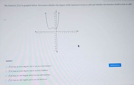 The function f(x) is graphed below. Determine whether the degeee of the function is even or odd and whether the fusction inself is even or odid
Answer
f(x) has an eves degree, but is not as even function Subanit Anrwr
f(x) has an even degree and is an eeen function
f(x) has an odd degree, but is not as odd fuaction
f(x) has as odd degree and is an udd fanction