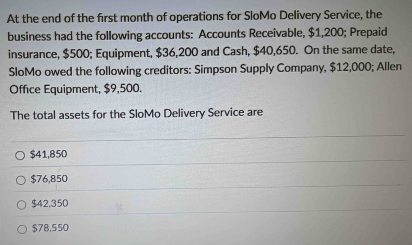 At the end of the first month of operations for SloMo Delivery Service, the
business had the following accounts: Accounts Receivable, $1,200; Prepaid
insurance, $500; Equipment, $36,200 and Cash, $40,650. On the same date,
SloMo owed the following creditors: Simpson Supply Company, $12,000; Allen
Office Equipment, $9,500.
The total assets for the SloMo Delivery Service are
$41,850
$76,850
$42,350
$78,550