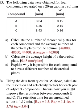 The following data were obtained for four 
compounds separated on a 20-m capillary column 
a) Calculate the number of theoretical plates for 
each compound and the average number of 
theoretical plates for the column. [46000,
48500, 44400. Average =46300]
b) Calculate the average height of a theoretical 
plate. [ 0.43 mm /plate] 
c) Explain why it is possible for each compound 
to have a different number of theoretical 
plates. 
36. Using the data from question 35 above, calculate 
the resolution and selectivity factors for each pair 
of adjacent compounds. Discuss how you might 
improve the resolution between compounds B
and C. The retention time for an unretained 
solute is 1.19 min. [R_A.B=1.5,R_B.C=1.1:k_A=
5.76k_B=5.94]