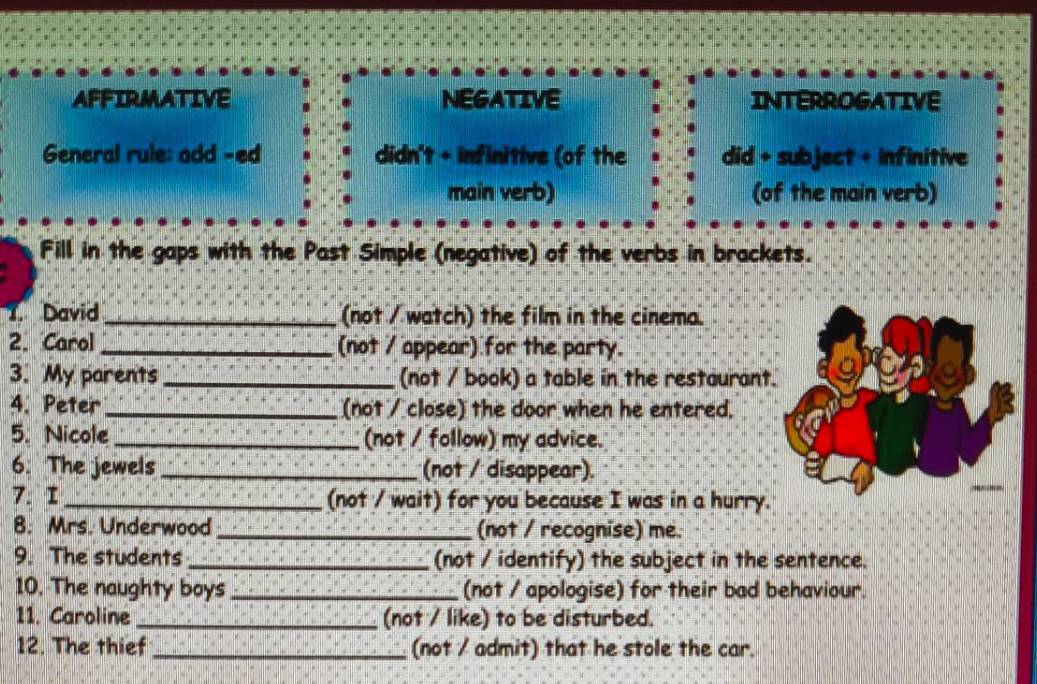 AFFIRMATIVE NEGATIVE INTERROGATIVE 
General rule: add -ed didn't + infinitive (of the did + subject + infinitive 
main verb) (of the main verb) 
Fill in the gaps with the Past Simple (negative) of the verbs in brackets. 
David _(not / watch) the film in the cinema. 
2. Carol _(not / appear) for the party. 
3. My parents _(not / book) a table in the restaurant. 
4. Peter _(not / close) the door when he entered. 
5. Nicole _(not / follow) my advice. 
6. The jewels _(not / disappear). 
7. I _(not / wait) for you because I was in a hurry. 
8. Mrs. Underwood _(not / recognise) me. 
9. The students _(not / identify) the subject in the sentence. 
10. The naughty boys _(not / apologise) for their bad behaviour. 
11. Caroline _(not / like) to be disturbed. 
12. The thief _(not / admit) that he stole the car.