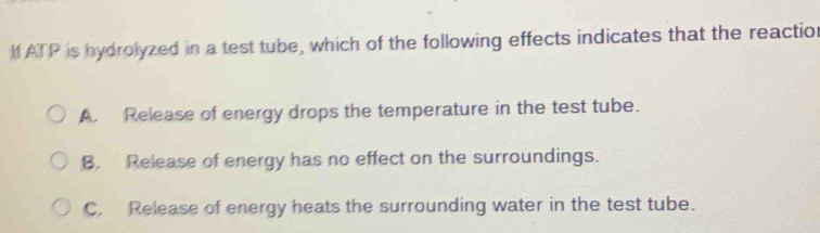 If ATP is hydrolyzed in a test tube, which of the following effects indicates that the reactior
A. Release of energy drops the temperature in the test tube.
B. Release of energy has no effect on the surroundings.
C. Release of energy heats the surrounding water in the test tube.