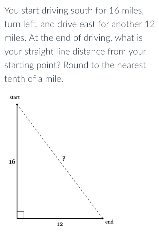 You start driving south for 16 miles, 
turn left, and drive east for another 12
miles. At the end of driving, what is 
your straight line distance from your 
starting point? Round to the nearest 
tenth of a mile.