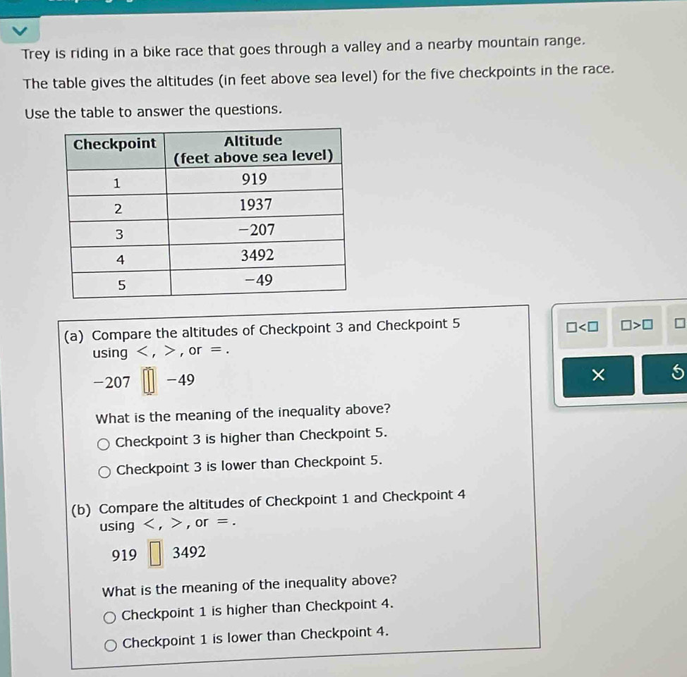 Trey is riding in a bike race that goes through a valley and a nearby mountain range.
The table gives the altitudes (in feet above sea level) for the five checkpoints in the race.
Use the table to answer the questions.
(a) Compare the altitudes of Checkpoint 3 and Checkpoint 5
□ □ >□
using , , or =.
-207 -49
× 5
What is the meaning of the inequality above?
Checkpoint 3 is higher than Checkpoint 5.
Checkpoint 3 is lower than Checkpoint 5.
(b) Compare the altitudes of Checkpoint 1 and Checkpoint 4
using , , or =.
919 3492
What is the meaning of the inequality above?
Checkpoint 1 is higher than Checkpoint 4.
Checkpoint 1 is lower than Checkpoint 4.