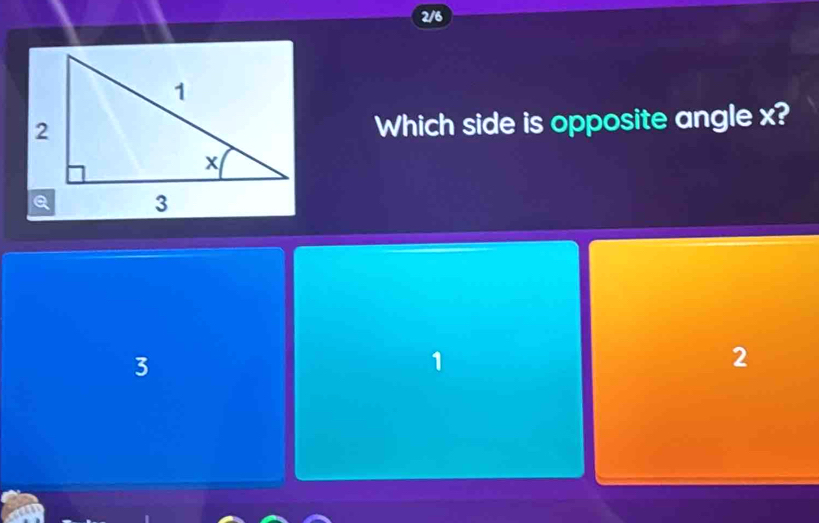 2/6
Which side is opposite angle x?
3
1
2