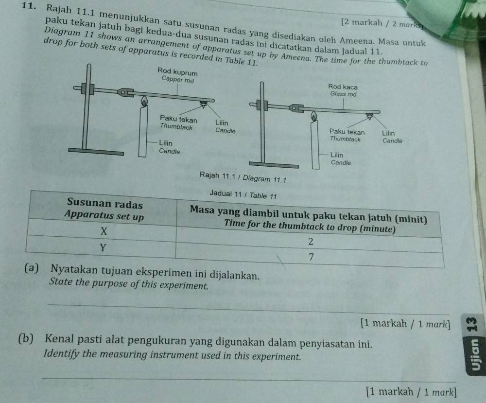 Rajah 11.1 menunjukkan satu susunan radas yang disediakan oleh Ameena. Masa untuk [2 markah / 2 mark 
paku tekan jatuh bagi kedua-dua susunan radas ini dicatatkan dalam Jadual 11. 
Diagram 11 shows an arrangement of apparatus set up by Ameena. The time for the thumbtack to 
drop for both sets of apparatus is record11. 
Rajah 11.1 / Diagram 11.1 
imen ini dijalankan. 
State the purpose of this experiment. 
_ 
[1 markah / 1 mark] 
(b) Kenal pasti alat pengukuran yang digunakan dalam penyiasatan ini. 
Identify the measuring instrument used in this experiment. 
。 
_ 
[1 markah / 1 mark]