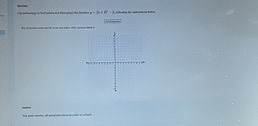 Queatna 
Use techaology to fnd polats and then greph the fonction y=(z+2)^2-2 l, fallowing the instructions below. 
Plot at lount five points that fit on the asn hous. Click a poust to delote it, 
Answer 
You must answer all questions above in order to submit.