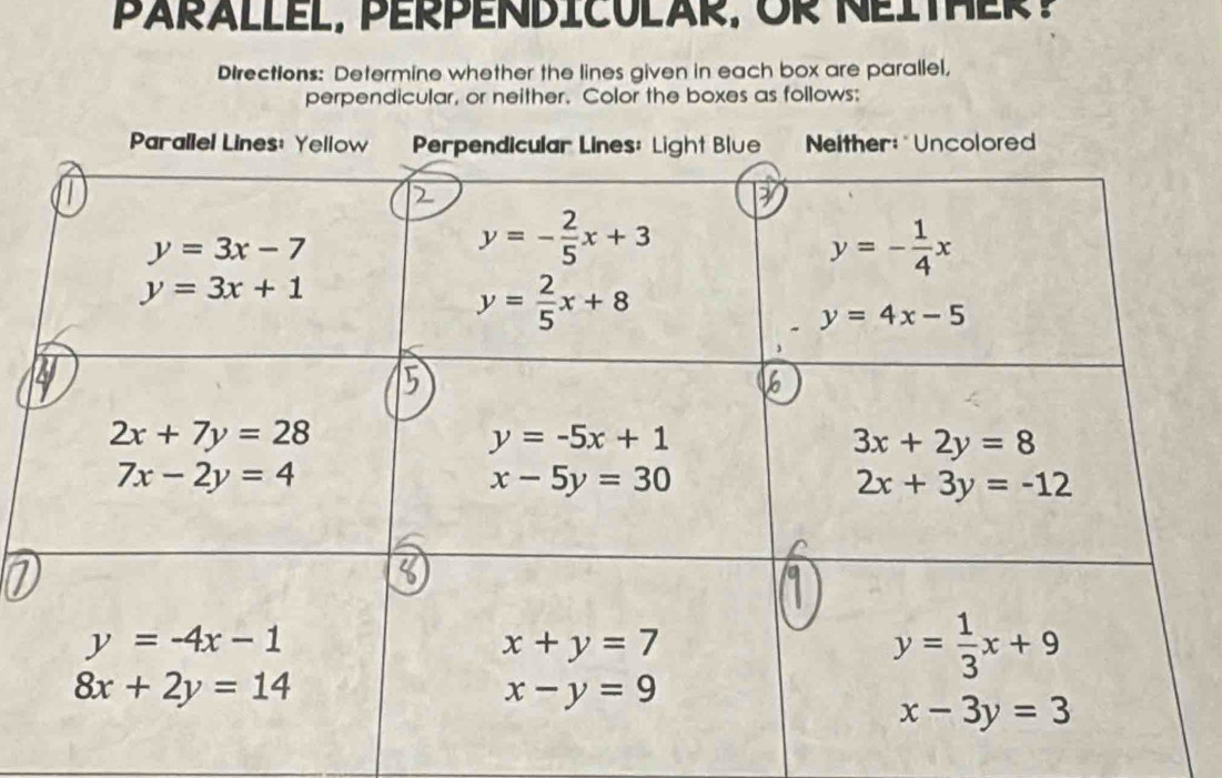 PARALLEL, PERPENDICULAR, OR NETER  
Directions: Determine whether the lines given in each box are parallel,
perpendicular, or neither. Color the boxes as follows: