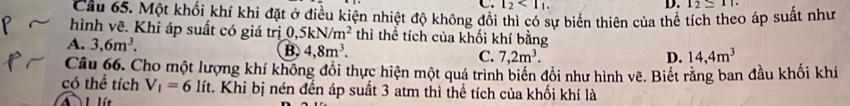 l_2 . D.
Câu 65. Một khối khí khi đặt ở điều kiện nhiệt độ không đổi thì có sự biến thiên của thể tích theo áp suất như 12=11
hình vẽ. Khỉ áp suất có giá trị 0,5kN/m^2 thì thể tích của khối khí bằng
A. 3,6m^3. B 4,8m^3. C. 7,2m^3.
D. 14,4m^3
Câu 66. Cho một lượng khí không đổi thực hiện một quá trình biển đồi như hình vẽ. Biết răng ban đầu khối khí
có thể tích V_1=6 lít. Khi bị nén đến áp suất 3 atm thì thể tích của khối khí là