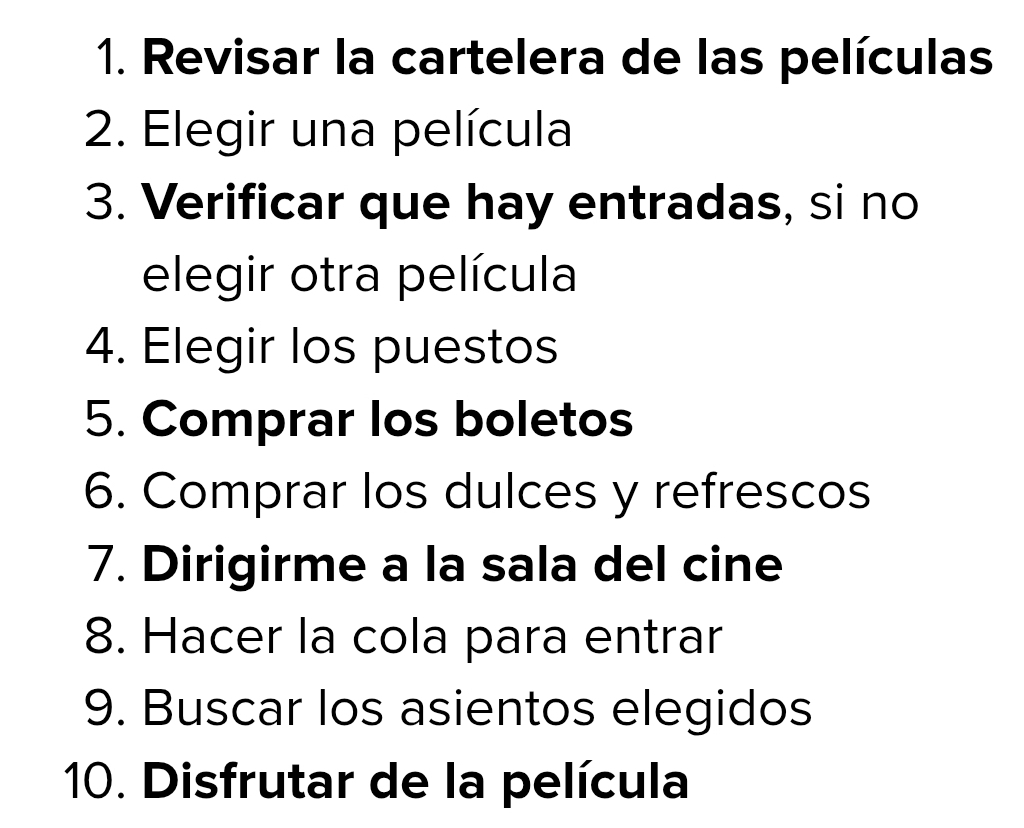 Revisar la cartelera de las películas 
2. Elegir una película 
3. Verificar que hay entradas, si no 
elegir otra película 
4. Elegir los puestos 
5. Comprar los boletos 
6. Comprar los dulces y refrescos 
7. Dirigirme a la sala del cine 
8. Hacer la cola para entrar 
9. Buscar los asientos elegidos 
10. Disfrutar de la película