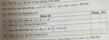 Hám số g(x) đã cho là hàm không tuần hoàn.
Câu 16.Cho các hàm số sau: f(x)=sqrt(5-3sin^2x);g(x)=tan x-xcos x. Khi đó:
=-1 g(x)=|2sin x+2|+|2sin x-2|