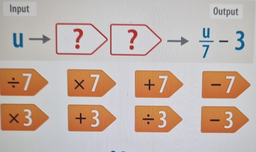 Input Output 
D 
? 
?
 u/7 -3
÷7
△ 7 +7 -7
* 3
+3
÷3
-3