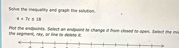 Solve the inequality and graph the solution.
4+7c≤ 18
Plot the endpoints. Select an endpoint to change it from closed to open. Select the mi 
the segment, ray, or line to delete it.
-5