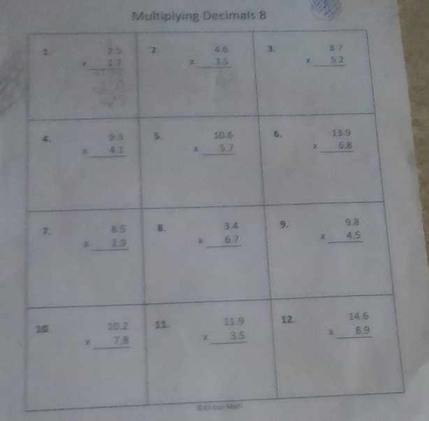 Multiplying Decimals 8
.
B Sluar Adget