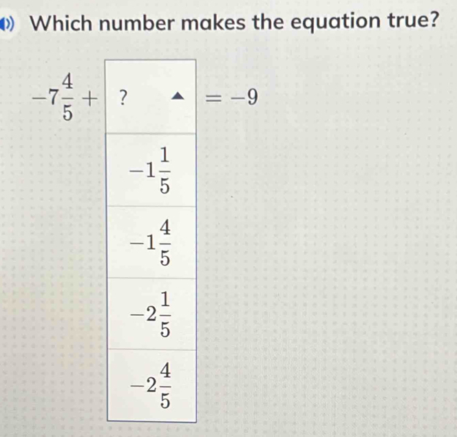 Which number makes the equation true?
-7 4/5 +
=-9

)