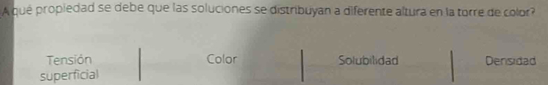 Aqué propiedad se debe que las soluciones se distribuyan a diferente altura en la torre de color?
Tensión Color Solubilidad Densidad
superficial