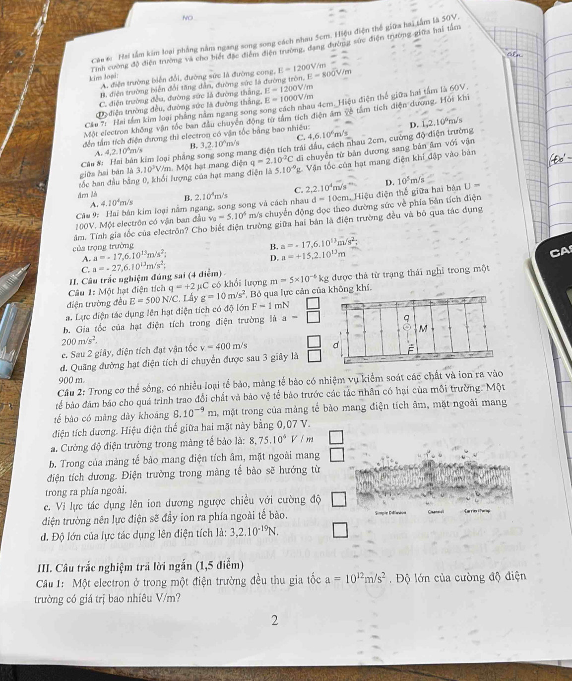 NO
Că# 6: Hai tấm kim loại phầng nằm ngang song song cách nhau 5cm. Hiệu điện thế giữa hai tâm là 50V
Tính cường độ điện trường và cho biết đặc điểm điện trường, dạng đường sức điện trường giữa hai tâm
A. điện trường biến đổi, đường sức là đường cong, E=1200V/
kim loại:
B điện trường biển đổi tăng dẫn, đường sức là đường tròn, l E=800V/n
C. điện trường đều, đường sức là đường thắng, E=1200V/m
Dy điện trường đều, đường sức là đường thắng, E=1000V/m
Câu 7: Hai tấm kim loại phẳng nằm ngang song song cách nhau 4cm. Hiệu điện thế giữa hai tấm là 60V.
Một electron không vận tốc ban đầu chuyển động từ tâm tích điện âm về tâm tích điện dương. Hỏi khi
D. 1,2.10^6m /s
đến tấm tích điện dương thì electron có vận tốc bằng bao nhiêu:
A 4,2.10^6n 1/s B. 3,2.10^6r m/s C. 4,
6.10° m/s
Câu 8: Hai bản kim loại phẳng song song mang điện tích trái dầu, cách nhau 2cm, cường độ điện trường
giữa hai bản là 3.10^3V/m h. Một hạt mang điện q=2.10^(-2)C di chuyển từ bản dương sang bản âm với vận
tốc ban đầu bằng 0, khối lượng của hạt mang điện là 5.10^(-9) g. Vận tốc của hạt mang điện khi đập vào bản
D. 10^5m/s
âm là
A. 4.10^4m/s B. 2.10^4m/s C. 2,2.10^4m/s
Câu 9: Hai bản kim loại nằm ngang, song song và cách nhau d=10cm Hiệu điện thế giữa hai bản U=
100V. Một electrôn có vận ban đầu v_0=5.10^6 m/s chuyển động dọc theo đường sức về phía bản tích điện
âm. Tính gia tốc của electrôn? Cho biết điện trường giữa hai bản là điện trường đều và bỏ qua tác dụng
của trọng trường B. a=-17,6.10^(13)m/s^2;
A. a=-17,6.10^(13)m/s^2;
C. a=-27,6.10^(13)m/s^2; D. a=+15,2.10^(13)m
CA
II. Câu trắc nghiệm đúng sai (4 điểm) .
Câu 1: Một hạt điện tích q=+2 μC có khối lượng m=5* 10^(-6)kg được thả từ trạng thái nghỉ trong một
điện trường đều E=500N/C. Lấy g=10m/s^2.. Bỏ qua lực cản của không khí.
a. Lực điện tác dụng lên hạt điện tích có độ lớn F=1 m^ T _ □ 
b. Gia tốc của hạt điện tích trong điện trường là a=□
200m/s^2.
c. Sau 2 giây, điện tích đạt vận tốc v=400m/s
d. Quãng dường hạt điện tích di chuyển được sau 3 giây là  □ /□  
900 m.
Câu 2: Trong cơ thể sống, có nhiều loại tế bào, màng tế bào có nhiệm vụ kiểm soát các chất và ion ra vào
tếể bào đảm bảo cho quá trình trao đổi chất và bảo vệ tế bào trước các tác nhân có hại của môi trường. Một
tế bào có màng dày khoảng 8.10^(-9)m a, mặt trong của màng tế bào mang điện tích âm, mặt ngoài mang
diện tích dương. Hiệu điện thế giữa hai mặt này bằng 0,07 V.
a. Cường độ điện trường trong màng tế bào là: 8,75.10^6 V/m
b. Trong của màng tế bào mang điện tích âm, mặt ngoài mang
điện tích dương. Điện trường trong màng tế bào sẽ hướng từ
trong ra phía ngoài.
c. Vì lực tác dụng lên ion dương ngược chiều với cường độ
điện trường nên lực điện sẽ đầy ion ra phía ngoài tế bào.
Channel Carrier/Pump
d. Độ lớn của lực tác dụng lên điện tích là: 3,2.10^(-19)N.
IIII. Câu trắc nghiệm trã lời ngắn (1,5 điểm)
Câu 1: Một electron ở trong một điện trường đều thu gia tốc a=10^(12)m/s^2 Độ lớn của cường độ điện
trường có giá trị bao nhiêu V/m?
2