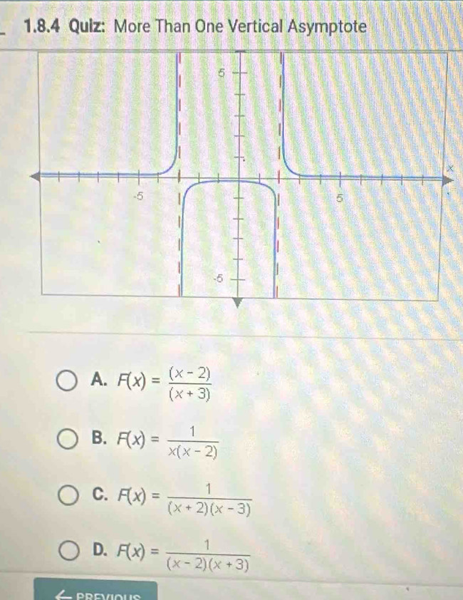 More Than One Vertical Asymptote
x
A. F(x)= ((x-2))/(x+3) 
B. F(x)= 1/x(x-2) 
C. F(x)= 1/(x+2)(x-3) 
D. F(x)= 1/(x-2)(x+3) 