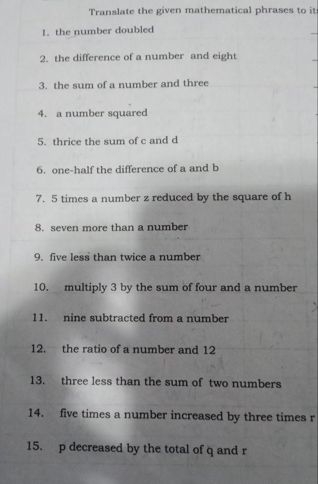 Translate the given mathematical phrases to it 
1. the number doubled 
2. the difference of a number and eight 
3. the sum of a number and three 
4. a number squared 
5. thrice the sum of c and d
6. one-half the difference of a and b
7. 5 times a number z reduced by the square of h
8. seven more than a number 
9. five less than twice a number 
10. multiply 3 by the sum of four and a number 
11. nine subtracted from a number 
12. the ratio of a number and 12
13. three less than the sum of two numbers 
14. five times a number increased by three times r
15. p decreased by the total of q and r