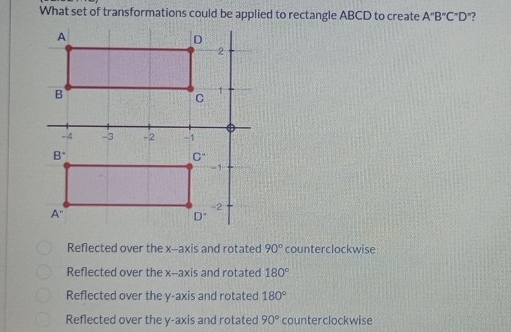 What set of transformations could be applied to rectangle ABCD to create A''B''C''D '?
Reflected over the x--axis and rotated 90° counterclockwise
Reflected over the x-axis and rotated 180°
Reflected over the y-axis and rotated 180°
Reflected over the y-axis and rotated 90° counterclockwise